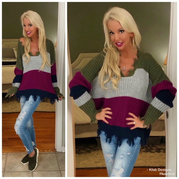 🥰LAST 1! DISTRESSED STRIPE COLOR BLOCK SWEATER - Picture 8 of 8